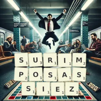 Illustration créative d'un jeu de lettres avec le mot SURIMPOSASSIEZ épelé sur le plateau.