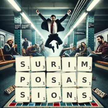 Illustration créative d'un jeu de lettres avec le mot SURIMPOSASSIONS épelé sur le plateau.