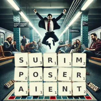 Illustration créative d'un jeu de lettres avec le mot SURIMPOSERAIENT épelé sur le plateau.