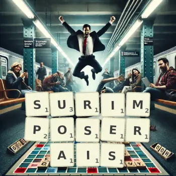 Illustration créative d'un jeu de lettres avec le mot SURIMPOSERAIS épelé sur le plateau.