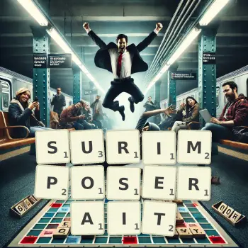 Illustration créative d'un jeu de lettres avec le mot SURIMPOSERAIT épelé sur le plateau.