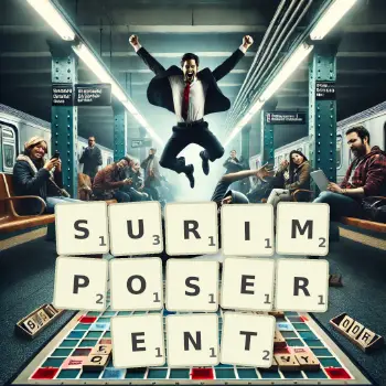 Illustration créative d'un jeu de lettres avec le mot SURIMPOSERENT épelé sur le plateau.