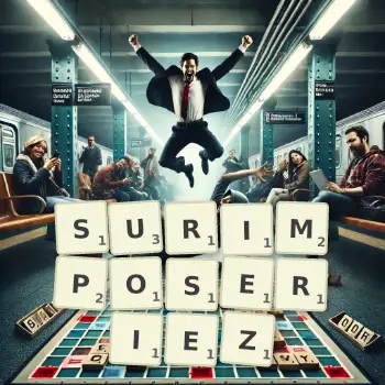 Illustration créative d'un jeu de lettres avec le mot SURIMPOSERIEZ épelé sur le plateau.
