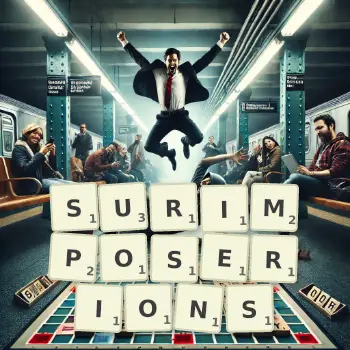 Illustration créative d'un jeu de lettres avec le mot SURIMPOSERIONS épelé sur le plateau.