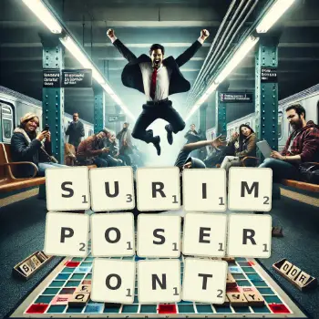 Illustration créative d'un jeu de lettres avec le mot SURIMPOSERONT épelé sur le plateau.