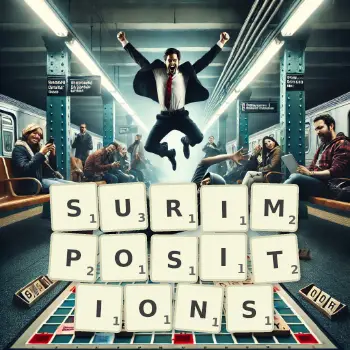 Illustration créative d'un jeu de lettres avec le mot SURIMPOSITIONS épelé sur le plateau.