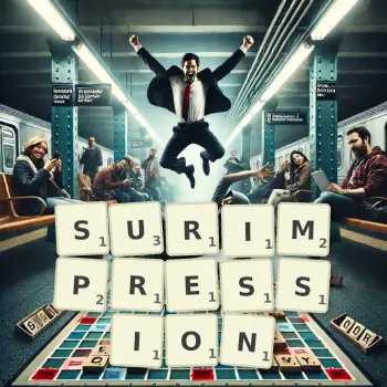 Illustration créative d'un jeu de lettres avec le mot SURIMPRESSION épelé sur le plateau.