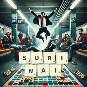 Illustration créative d'un jeu de lettres avec le mot SURINAI épelé sur le plateau.