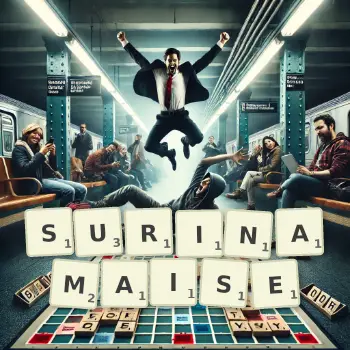 Illustration créative d'un jeu de lettres avec le mot SURINAMAISE épelé sur le plateau.