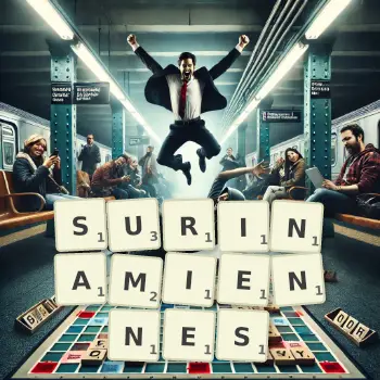 Illustration créative d'un jeu de lettres avec le mot SURINAMIENNES épelé sur le plateau.