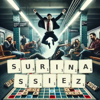 Illustration créative d'un jeu de lettres avec le mot SURINASSIEZ épelé sur le plateau.