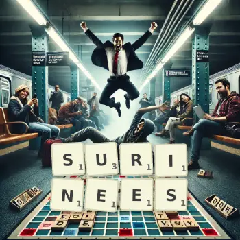 Illustration créative d'un jeu de lettres avec le mot SURINEES épelé sur le plateau.