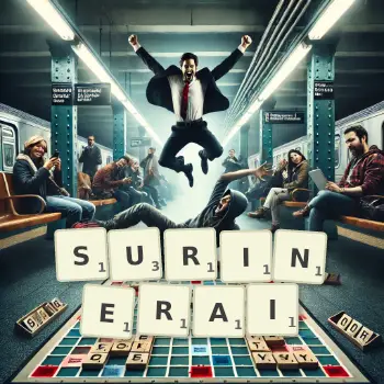 Illustration créative d'un jeu de lettres avec le mot SURINERAI épelé sur le plateau.