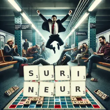 Illustration créative d'un jeu de lettres avec le mot SURINEUR épelé sur le plateau.