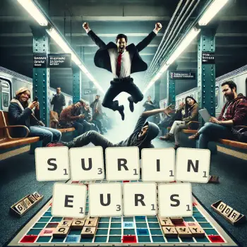 Illustration créative d'un jeu de lettres avec le mot SURINEURS épelé sur le plateau.