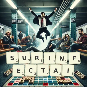 Illustration créative d'un jeu de lettres avec le mot SURINFECTAI épelé sur le plateau.