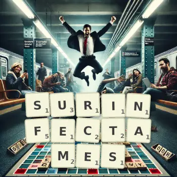 Illustration créative d'un jeu de lettres avec le mot SURINFECTAMES épelé sur le plateau.