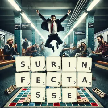 Illustration créative d'un jeu de lettres avec le mot SURINFECTASSE épelé sur le plateau.