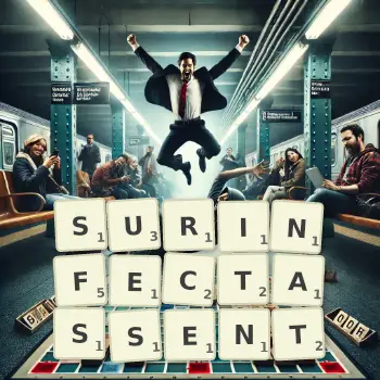 Illustration créative d'un jeu de lettres avec le mot SURINFECTASSENT épelé sur le plateau.