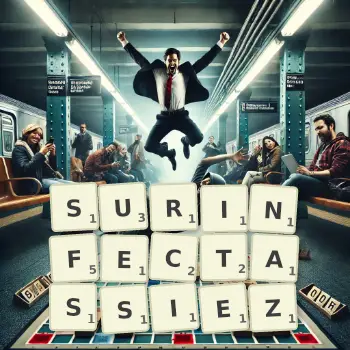 Illustration créative d'un jeu de lettres avec le mot SURINFECTASSIEZ épelé sur le plateau.