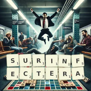 Illustration créative d'un jeu de lettres avec le mot SURINFECTERA épelé sur le plateau.