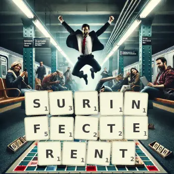 Illustration créative d'un jeu de lettres avec le mot SURINFECTERENT épelé sur le plateau.