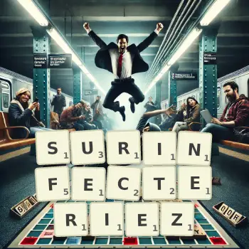 Illustration créative d'un jeu de lettres avec le mot SURINFECTERIEZ épelé sur le plateau.