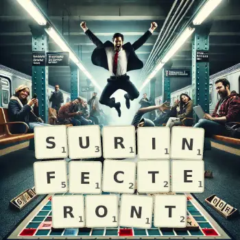 Illustration créative d'un jeu de lettres avec le mot SURINFECTERONT épelé sur le plateau.