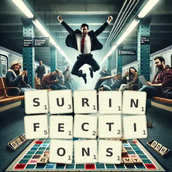 Illustration créative d'un jeu de lettres avec le mot SURINFECTIONS épelé sur le plateau.