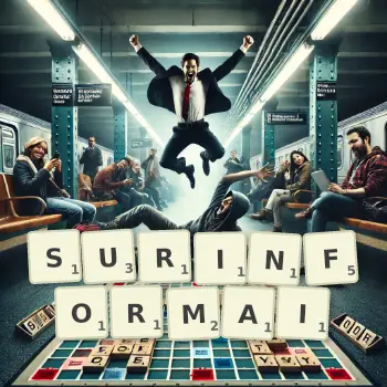 Illustration créative d'un jeu de lettres avec le mot SURINFORMAI épelé sur le plateau.