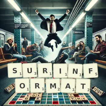 Illustration créative d'un jeu de lettres avec le mot SURINFORMAT épelé sur le plateau.