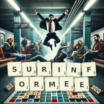 Illustration créative d'un jeu de lettres avec le mot SURINFORMEE épelé sur le plateau.