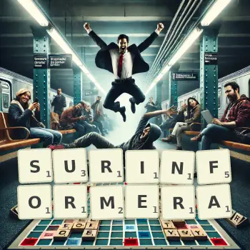 Illustration créative d'un jeu de lettres avec le mot SURINFORMERA épelé sur le plateau.