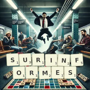 Illustration créative d'un jeu de lettres avec le mot SURINFORMES épelé sur le plateau.