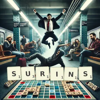 Illustration créative d'un jeu de lettres avec le mot SURINS épelé sur le plateau.