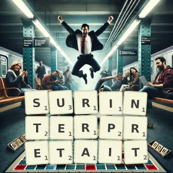 Illustration créative d'un jeu de lettres avec le mot SURINTERPRETAIT épelé sur le plateau.