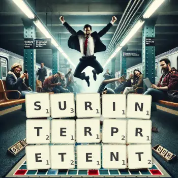 Illustration créative d'un jeu de lettres avec le mot SURINTERPRETENT épelé sur le plateau.