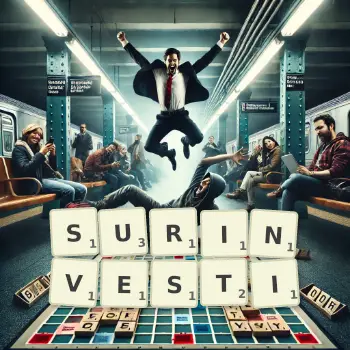 Illustration créative d'un jeu de lettres avec le mot SURINVESTI épelé sur le plateau.