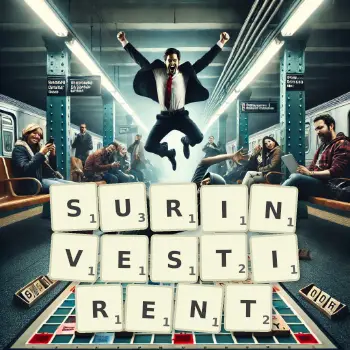 Illustration créative d'un jeu de lettres avec le mot SURINVESTIRENT épelé sur le plateau.