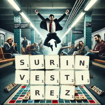 Illustration créative d'un jeu de lettres avec le mot SURINVESTIREZ épelé sur le plateau.