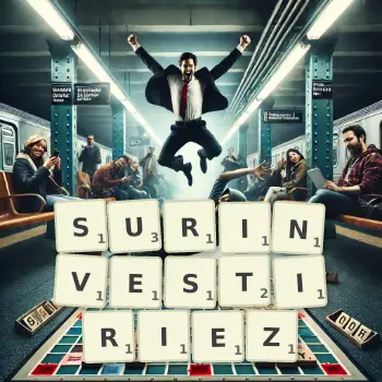 Illustration créative d'un jeu de lettres avec le mot SURINVESTIRIEZ épelé sur le plateau.