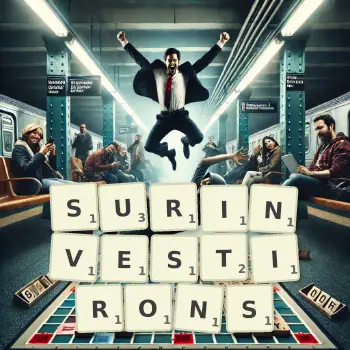 Illustration créative d'un jeu de lettres avec le mot SURINVESTIRONS épelé sur le plateau.