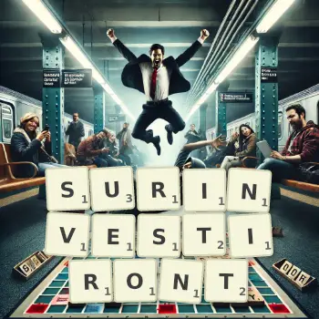 Illustration créative d'un jeu de lettres avec le mot SURINVESTIRONT épelé sur le plateau.