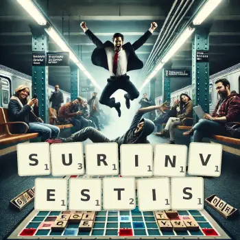 Illustration créative d'un jeu de lettres avec le mot SURINVESTIS épelé sur le plateau.