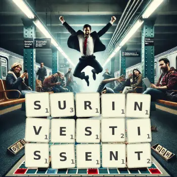 Illustration créative d'un jeu de lettres avec le mot SURINVESTISSENT épelé sur le plateau.