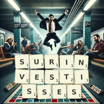 Illustration créative d'un jeu de lettres avec le mot SURINVESTISSES épelé sur le plateau.