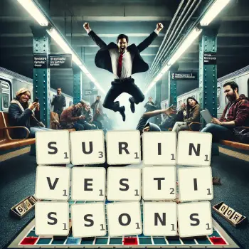 Illustration créative d'un jeu de lettres avec le mot SURINVESTISSONS épelé sur le plateau.