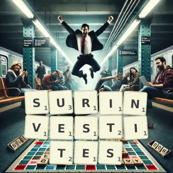 Illustration créative d'un jeu de lettres avec le mot SURINVESTITES épelé sur le plateau.