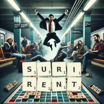 Illustration créative d'un jeu de lettres avec le mot SURIRENT épelé sur le plateau.