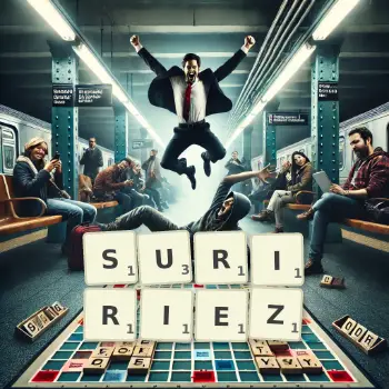Illustration créative d'un jeu de lettres avec le mot SURIRIEZ épelé sur le plateau.
